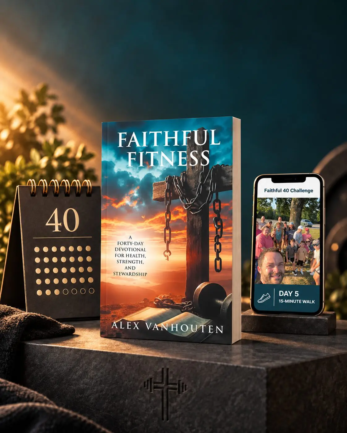 Faithful 40 package with the printed Faithful Fitness devotional, 40-day calendar, and Faithful Fitness community app