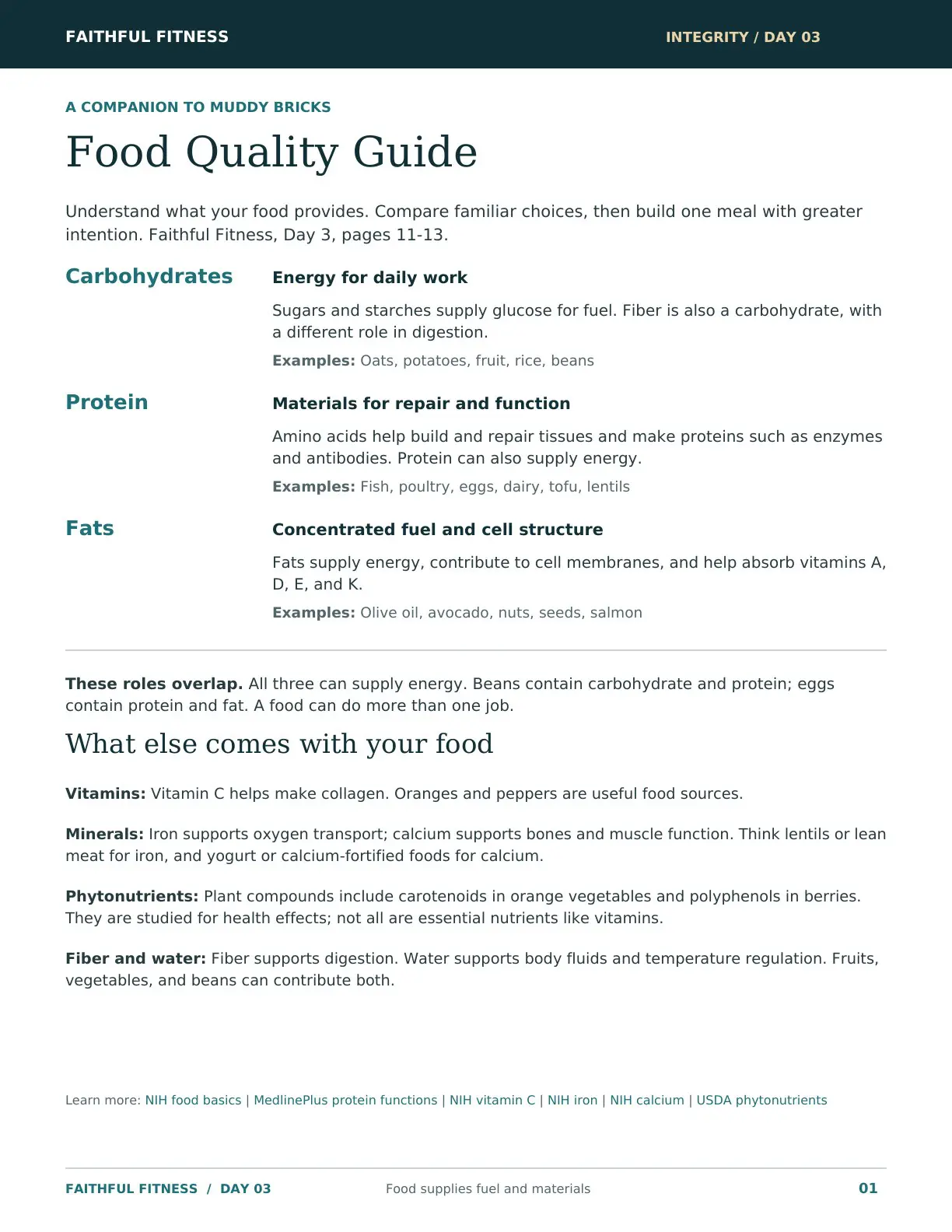 Food Quality Guide showing the roles of carbohydrates, protein, fats, and other food components
