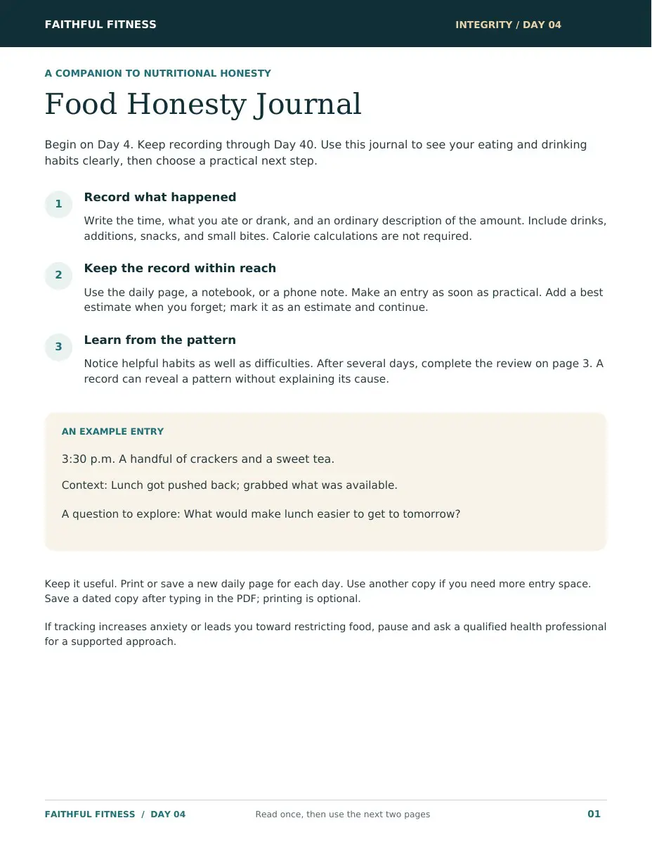 Preview of the Food Honesty Journal, with a simple method and example food entry