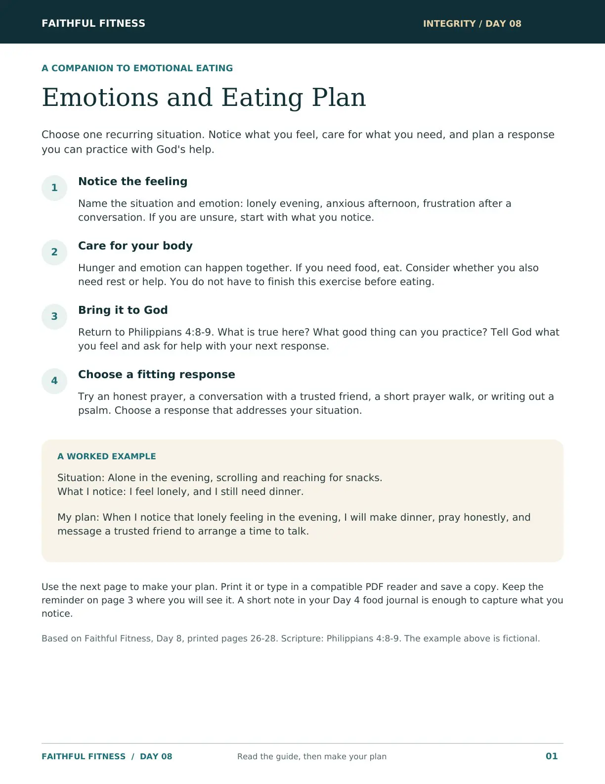 Preview of the Emotions and Eating Plan with four practical steps and a worked example