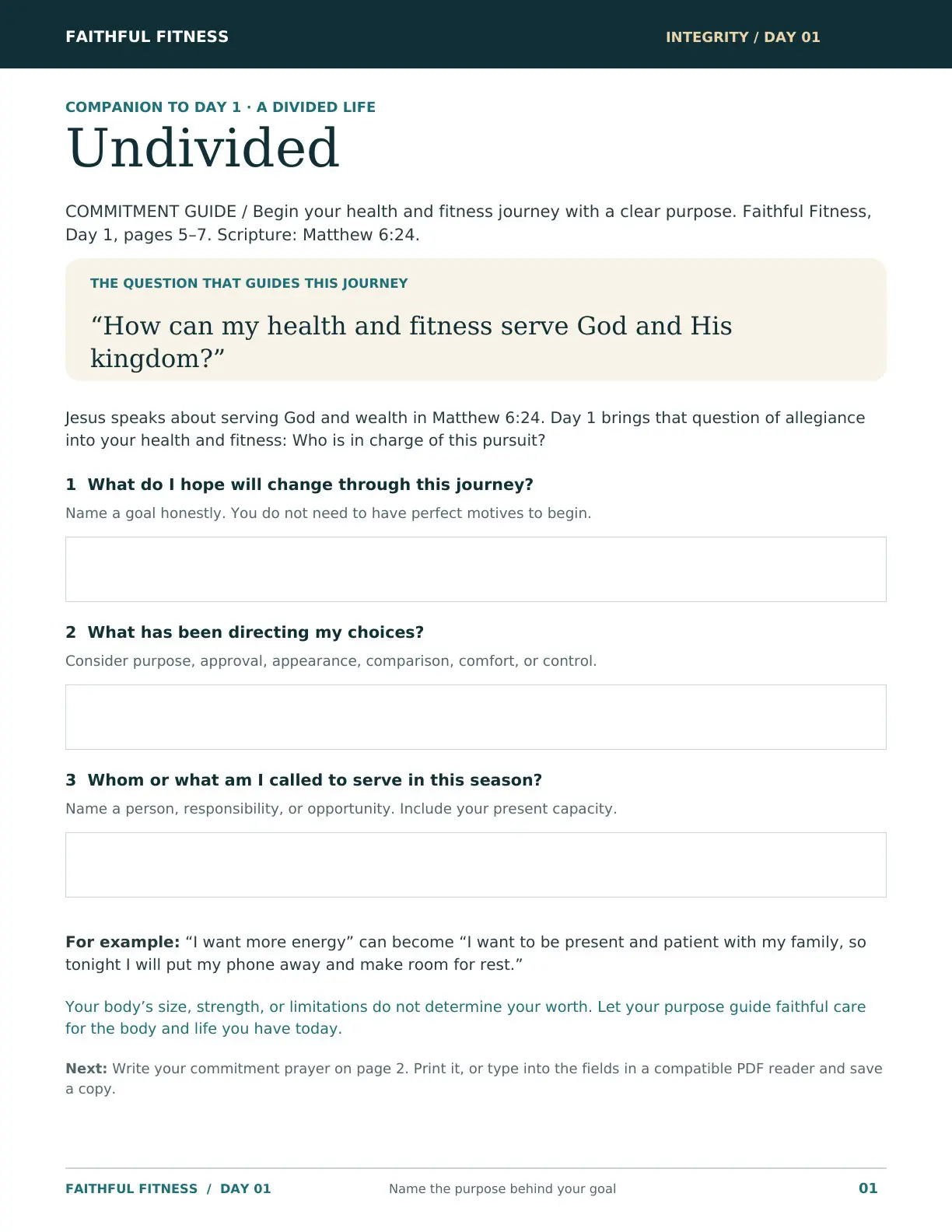 Undivided Commitment Guide with reflection prompts about goals, motives, and purpose