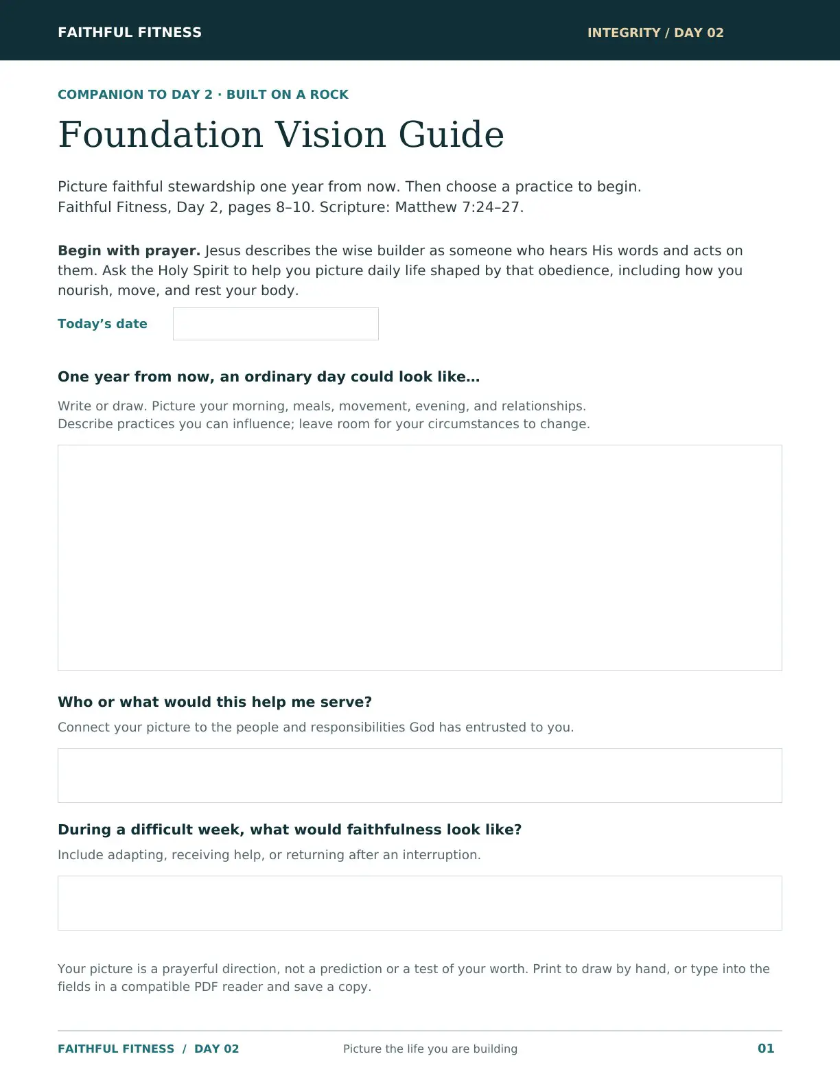 Foundation Vision Guide with space to write or draw a faithful ordinary day one year from now