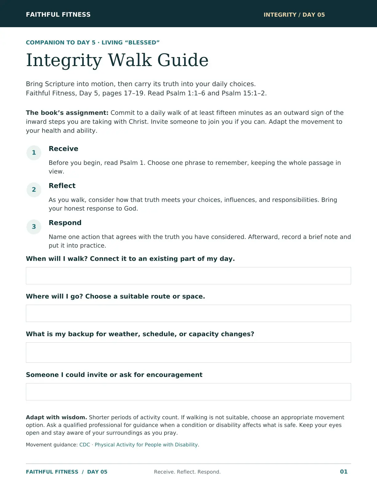 Integrity Walk Guide with Scripture prompts and space to plan a daily walk