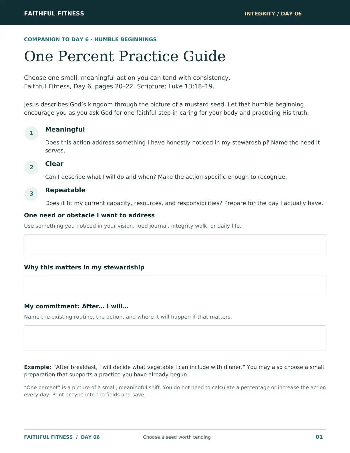 One Percent Practice Guide with prompts for choosing a meaningful, clear, repeatable action