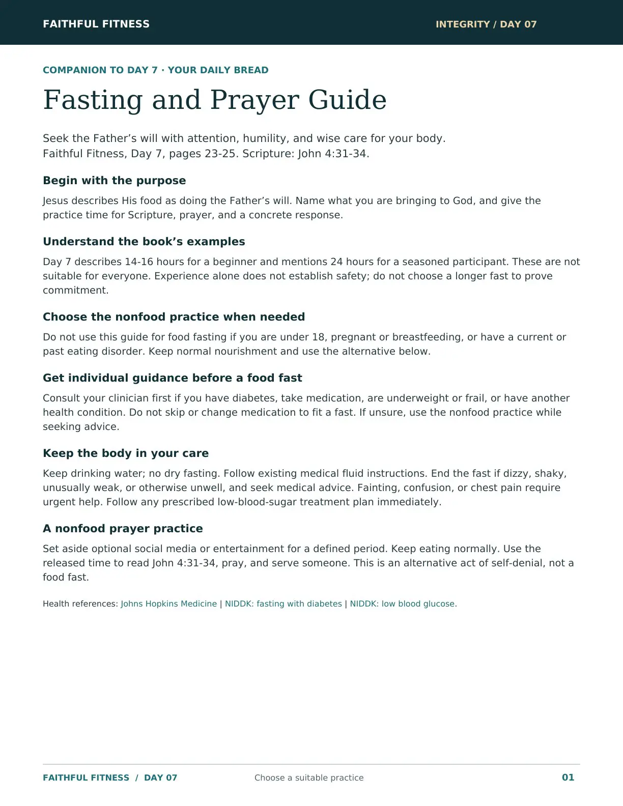 Fasting and Prayer Guide with preparation, health considerations, and a nonfood alternative